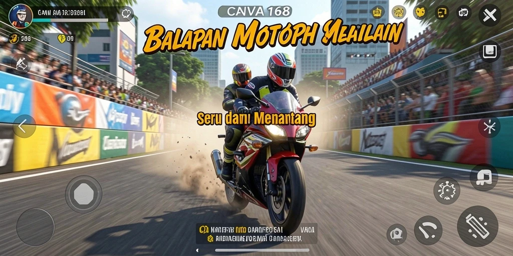 Screenshot utama gameplay CANVA168 menunjukkan aksi balapan motor yang mendebarkan.