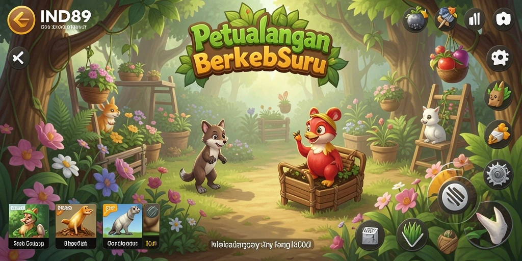 Screenshot gameplay IND89 menampilkan kebun yang subur dan karakter yang aktif.