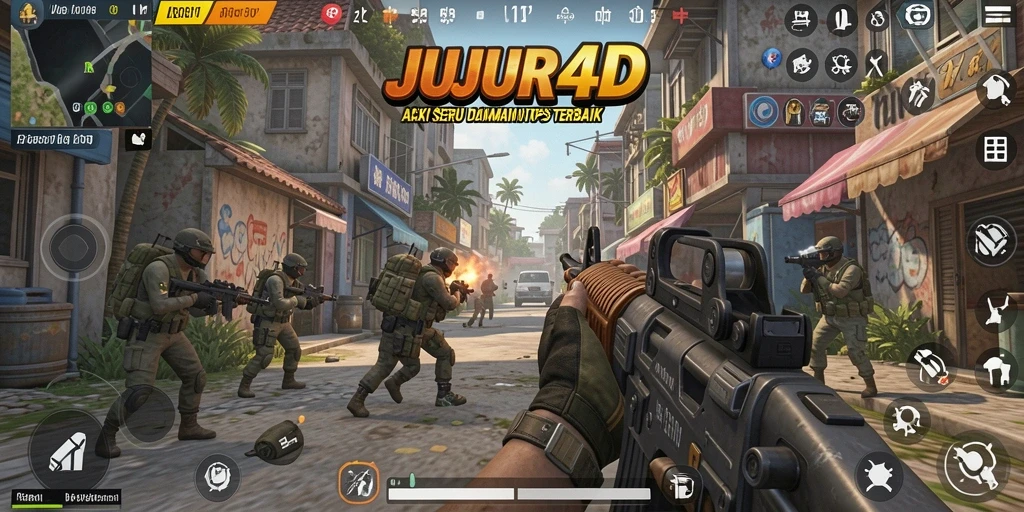 Tampilan gameplay seru dari JUJUR4D dengan aksi tembak-menembak.