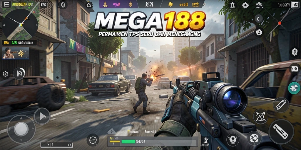 Screenshot permainan MEGA188 yang menunjukkan aksi TPS intens.