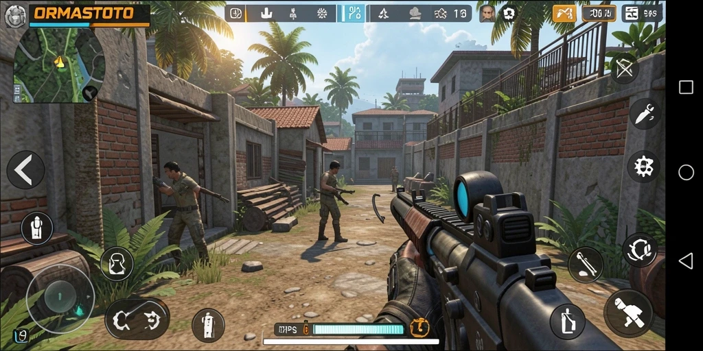 Tampilan gameplay <strong>ORMASTOTO</strong> yang menegangkan dengan aksi tembak-menembak.