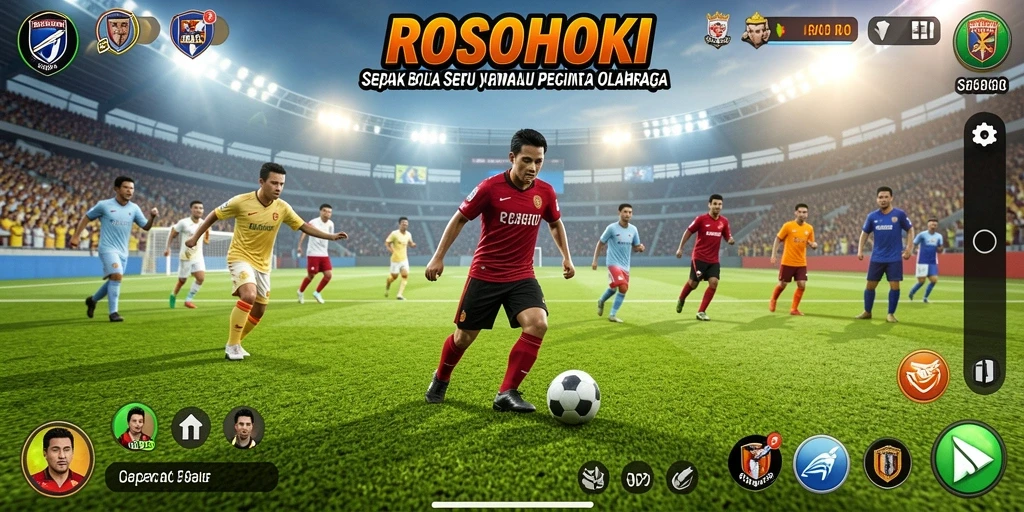 Tangkapan layar gameplay ROSOHOKI yang menunjukkan aksi seru di lapangan sepak bola.