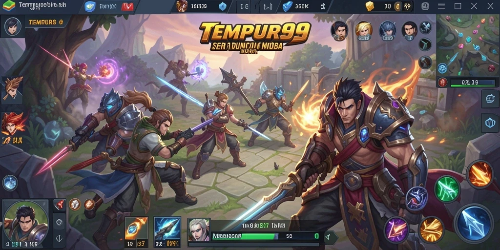 Tangkapan layar TEMPUR99 menampilkan aksi seru dalam pertempuran MOBA.